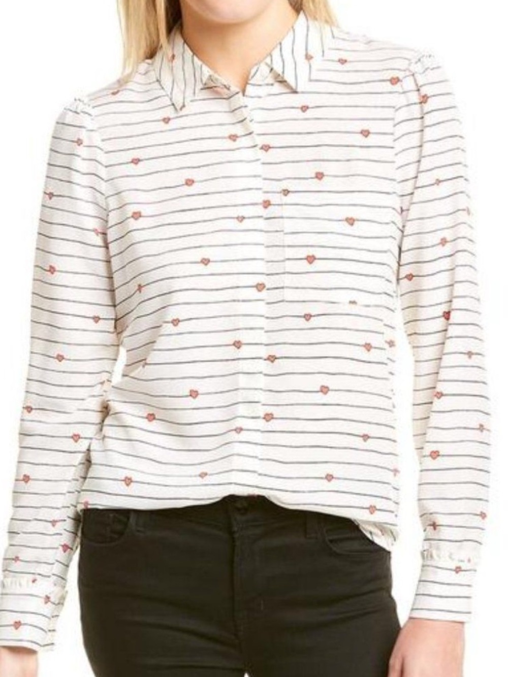 NWT COURT & ROWE White Button-Up Blouse Red Heart Print Black Stripes XXSmall